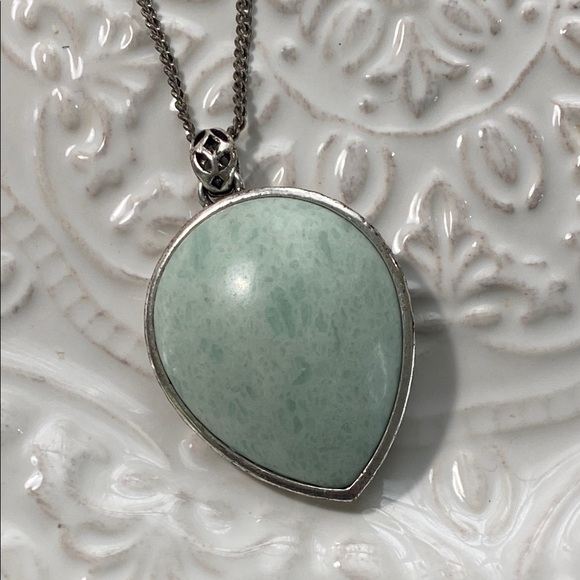 Fossil Turquoise Teardrop Stone Silver Necklace with Bird Charm Accent Vintage - Picture 15 of 16